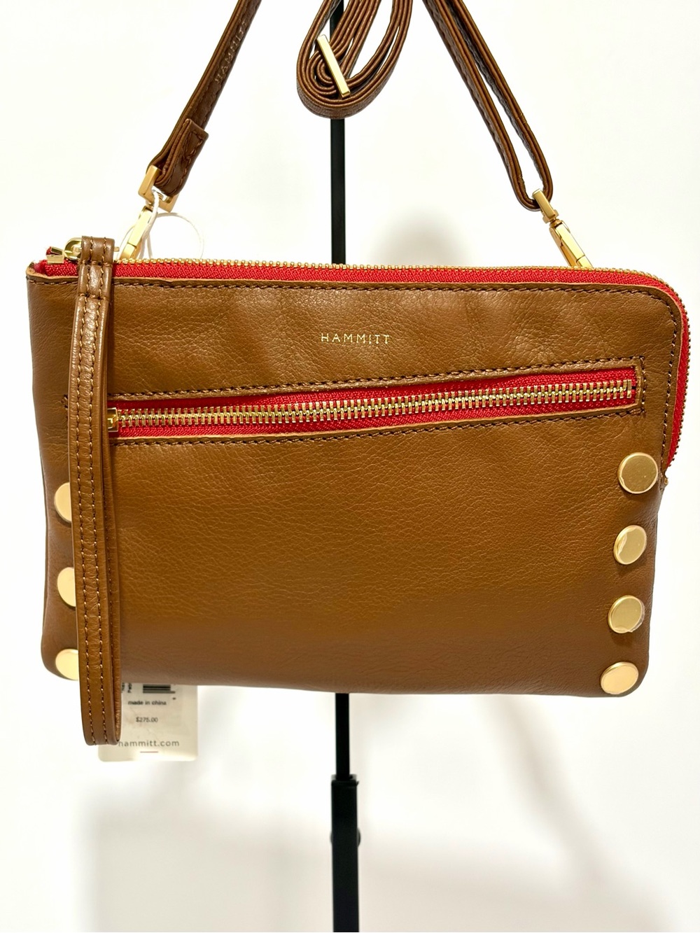 Hammitt Nash Small 2 Crossbody In Mahogany Pebble /Brushed Gold/ Red Zip/ NWT